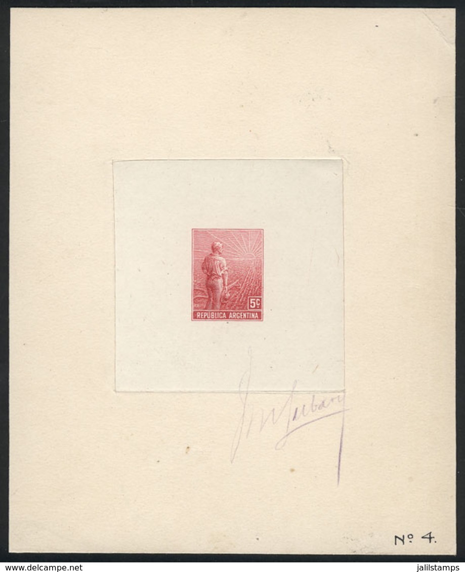 163 ARGENTINA: GJ.317, 1911 Plowman 5c., Die Proof Printed In Claret Color On Thin Paper Glued To Card, WITH SIGNATURE O - Andere & Zonder Classificatie