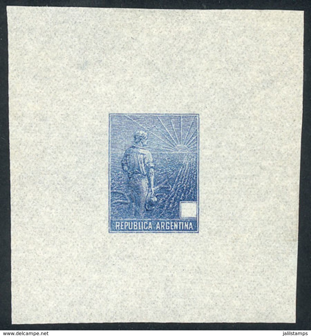 164 ARGENTINA: GJ.318, 1911 Plowman, DIE PROOF In Blue, Denomination Box Empty, Printed On Very Thin Paper (Indian), VF! - Andere & Zonder Classificatie