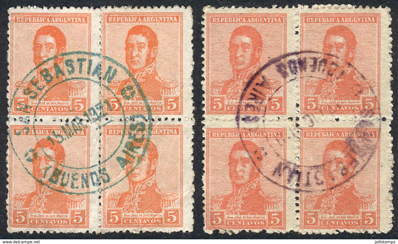 165 ARGENTINA: GJ.462, 2 Blocks Of 4 With Cancels Of SAN SEBASTIÁN (Buenos Aires) In Green-blue And Violet, VF Quality,  - Autres & Non Classés