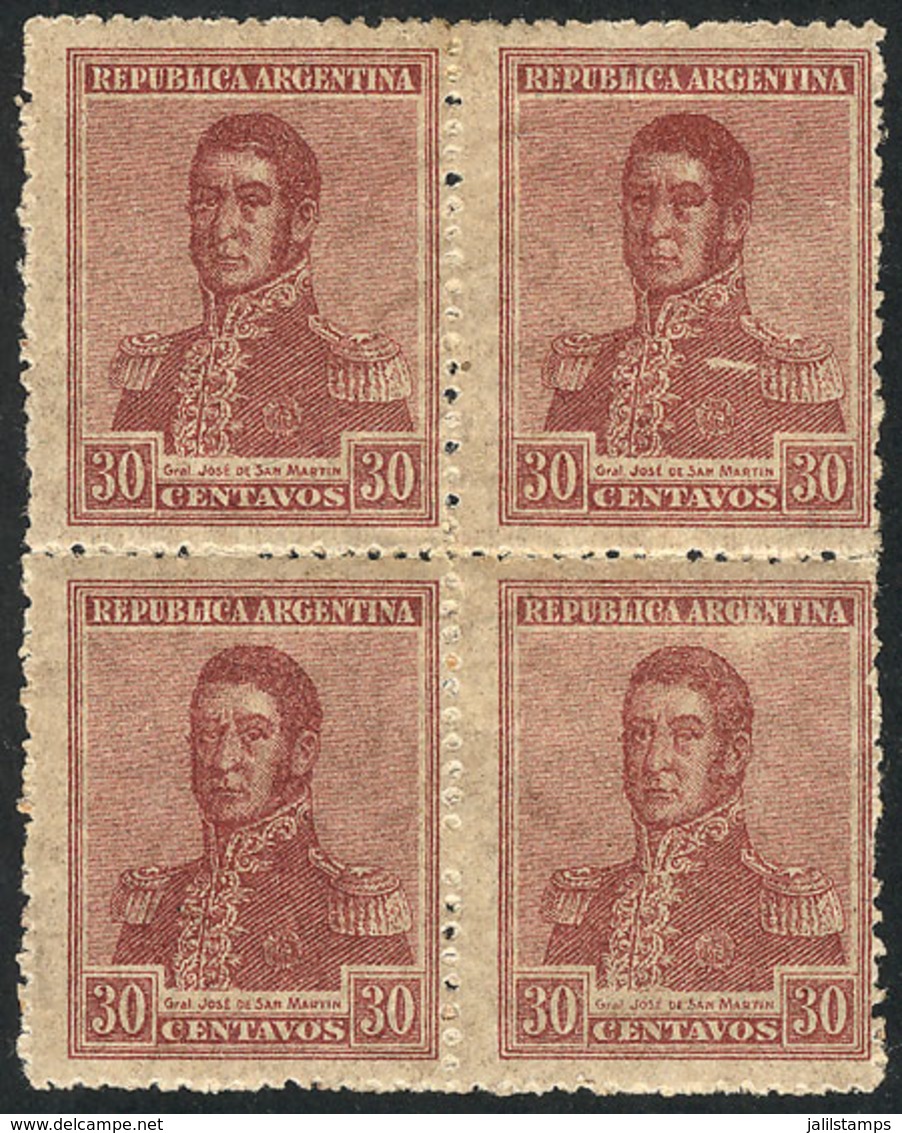 166 ARGENTINA: GJ.492, 1918 30c. San Martín With Wheatley Bond Watermark IN THE 4 STAMPS, Excellent Quality, Very Rare ( - Autres & Non Classés