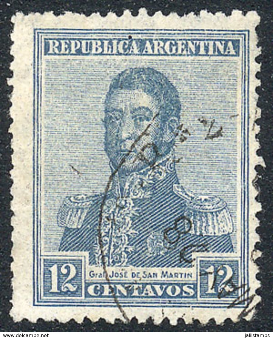 167 ARGENTINA: GJ.518, 1920 12c. San Martín, FISCAL SUN Watermark, Used, VF Quality, Rare, Catalog Value US$200. - Autres & Non Classés