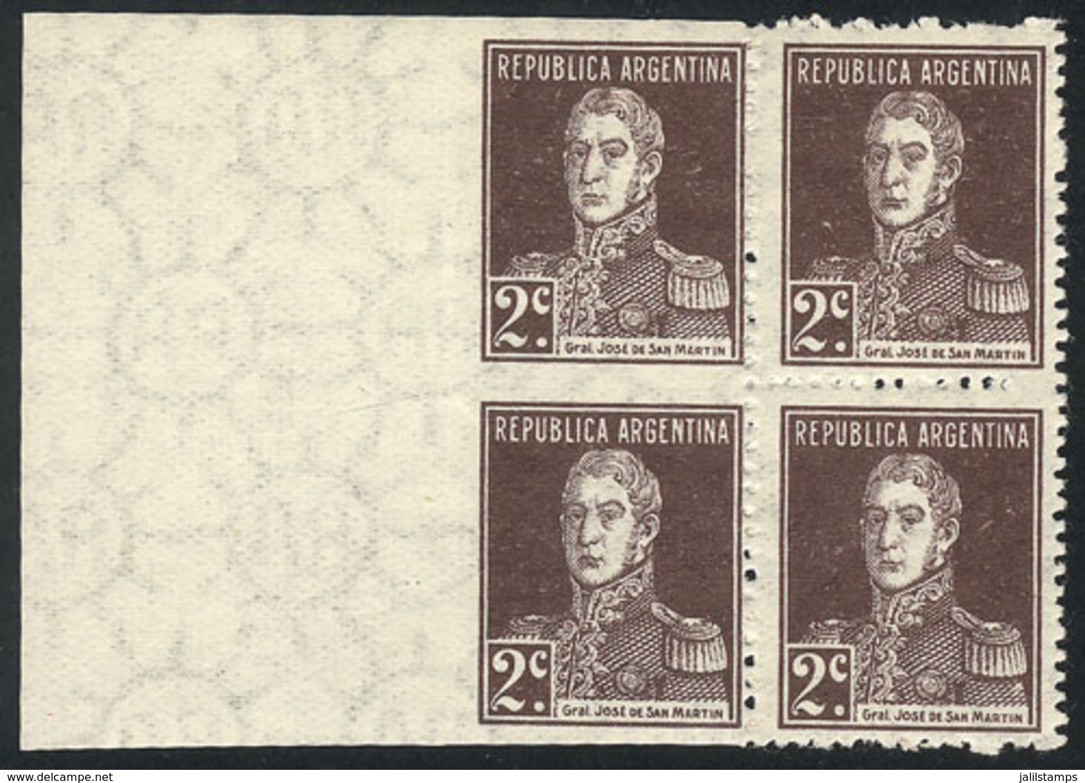 169 ARGENTINA: GJ.576, 1924 San Martín With Period 2c., Block Of 4, The Left Pair IMPERFORATE, Very Fine Quality, Rare! - Other & Unclassified