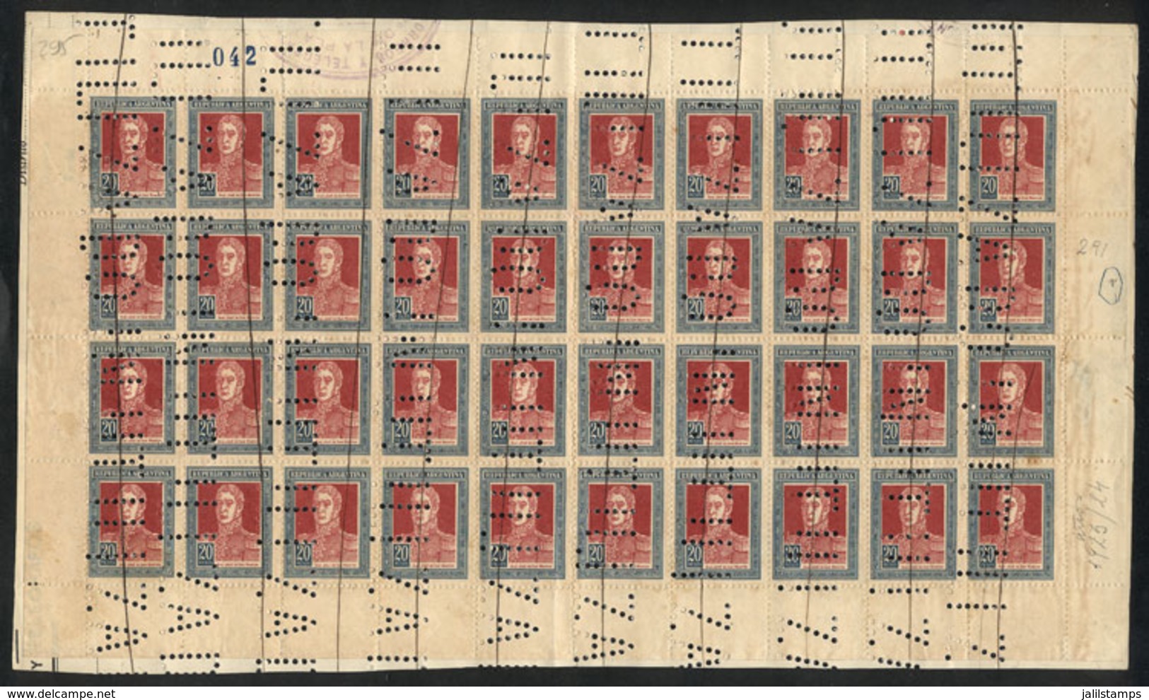 170 ARGENTINA: GJ.593O, Complete Sheet Of 40 Stamps With Invalidating Perforations 'INUTILIZADO' And Pen Cancel (used Fo - Autres & Non Classés