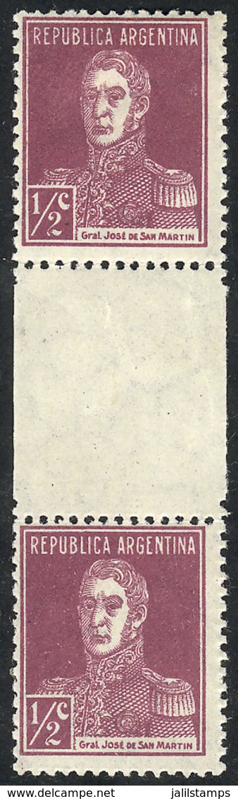 171 ARGENTINA: GJ.594EHB, 1924 ½c. San Martín, Vertical GUTTER Pair, Mint Lightly Hinged, VF Quality! - Andere & Zonder Classificatie