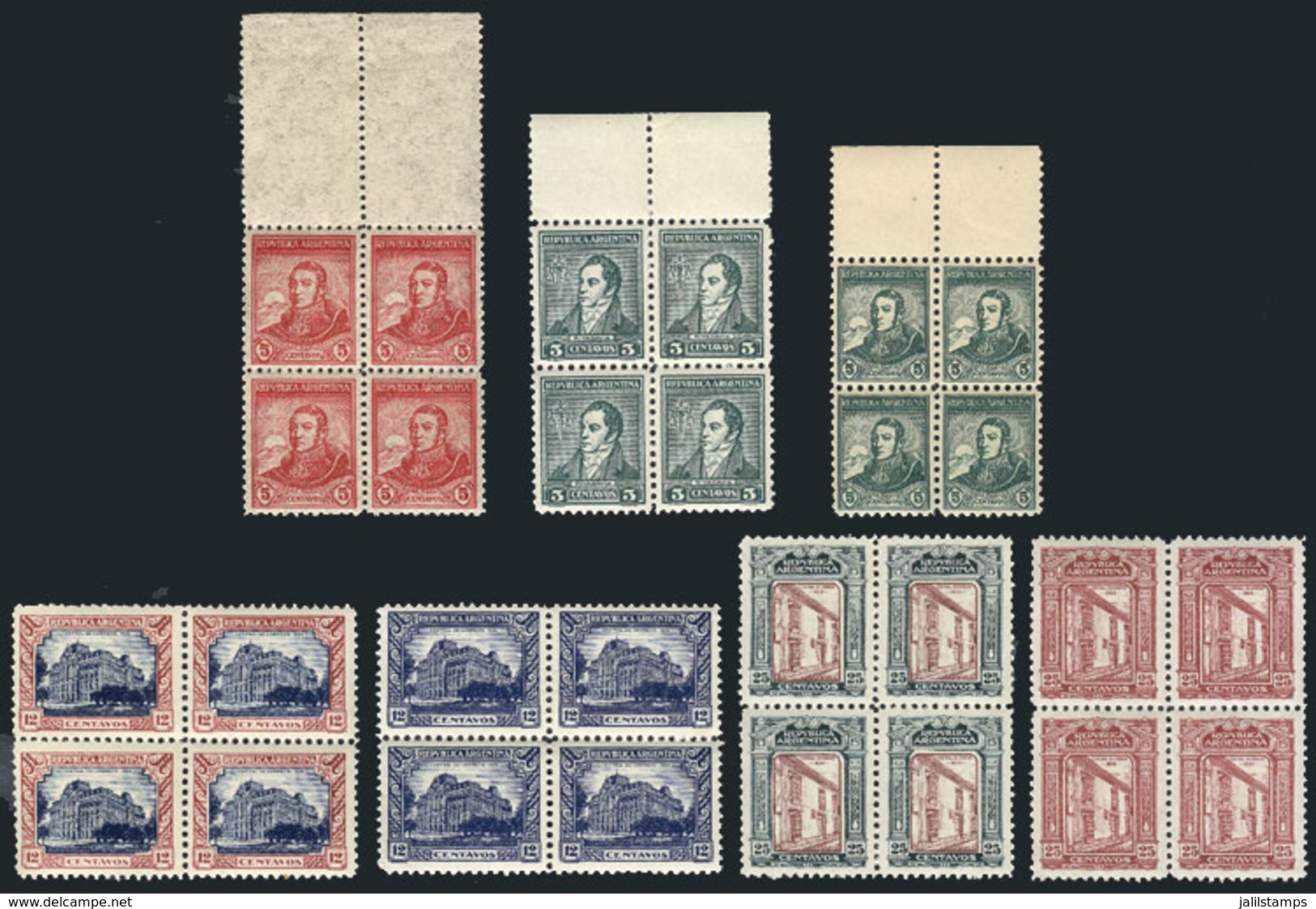 178 ARGENTINA: GJ.622/625, 1926 Post Centenary, UNADOPTED ESSAYS, 7 Different Blocks Of 4, MNH, Excellent Quality, Rare! - Andere & Zonder Classificatie