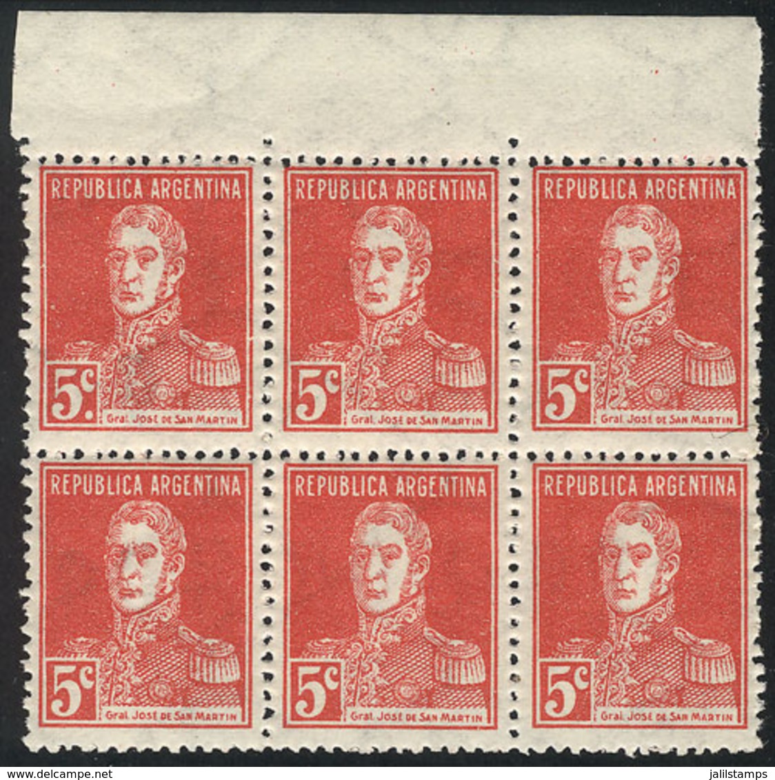 179 ARGENTINA: GJ.629d, 1927 5c. San Martín With AP Watermark, Block Of 6, ONE WITH PERIOD (top Left Stamp), Superb! - Autres & Non Classés