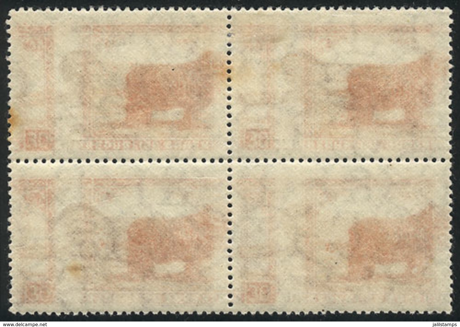 180 ARGENTINA: GJ.757a, 1935/52 30c. Sheep, Block Of 4 With Variety: DOUBLE IMPRESSION, ONE ON BACK (in Positive), Extre - Autres & Non Classés