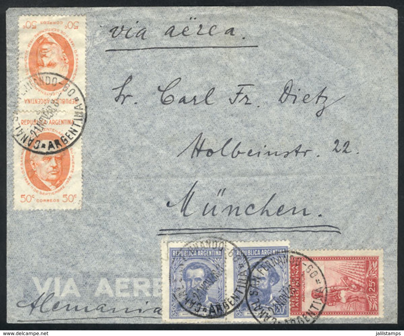 185 ARGENTINA: Airmail Cover Sent From Canal San Fernando To Germany On 21/NO/1938, Franked By GJ.821 X2 (Sarmiento 50c. - Andere & Zonder Classificatie