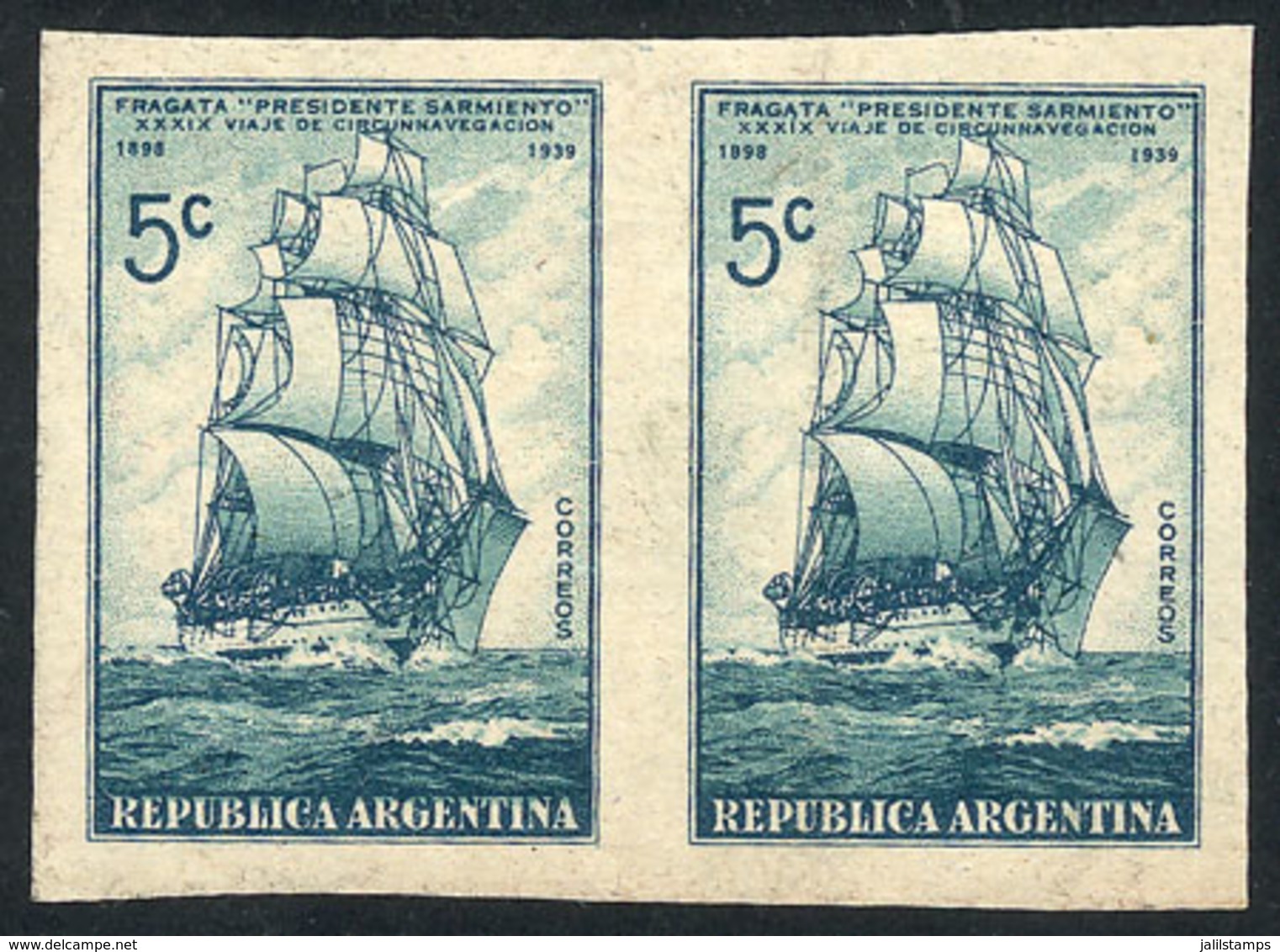 186 ARGENTINA: GJ.822, 1939 Frigate Sarmiento, PROOF In The Issued Color, Imperforate Pair On Special Paper For Specimen - Andere & Zonder Classificatie