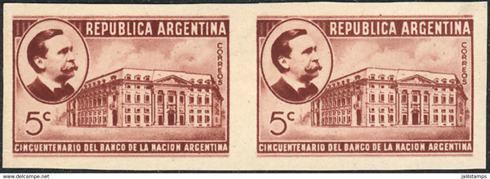 188 ARGENTINA: GJ.853, Banco De La Nación 50th Anniv., PROOF In The Adopted Color, Imperforate Pair Printed On Glazed Pa - Andere & Zonder Classificatie