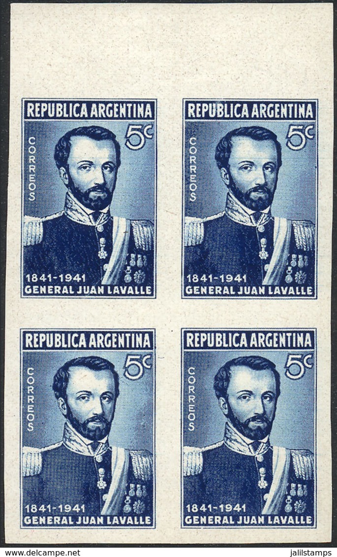 189 ARGENTINA: GJ.854, 1941 General Lavalle, Trial Color PROOF On Paper Of Glazed Front, Imperforate Block Of 4, Excelle - Autres & Non Classés