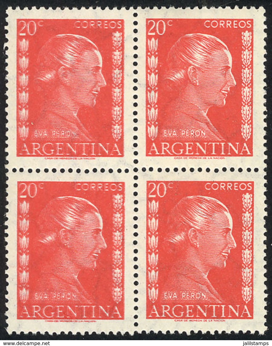 194 ARGENTINA: GJ.1006a, 20c. Eva Perón Printed On Imported Unsurfaced Paper, Block Of 4, The Left Stamps With DOUBLE IM - Other & Unclassified