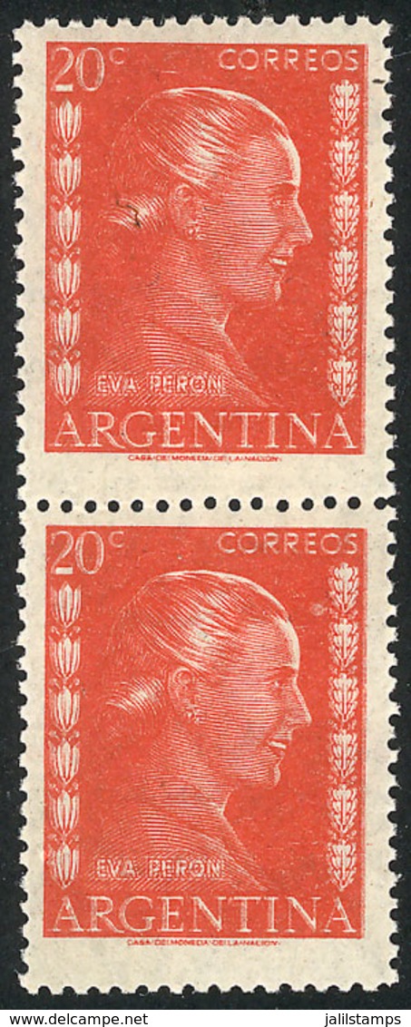 195 ARGENTINA: GJ.1006A, 20c. Eva Perón, Printed On National Unsurfaced Paper, Pair With DOUBLE IMPRESSION Variety, Not  - Andere & Zonder Classificatie