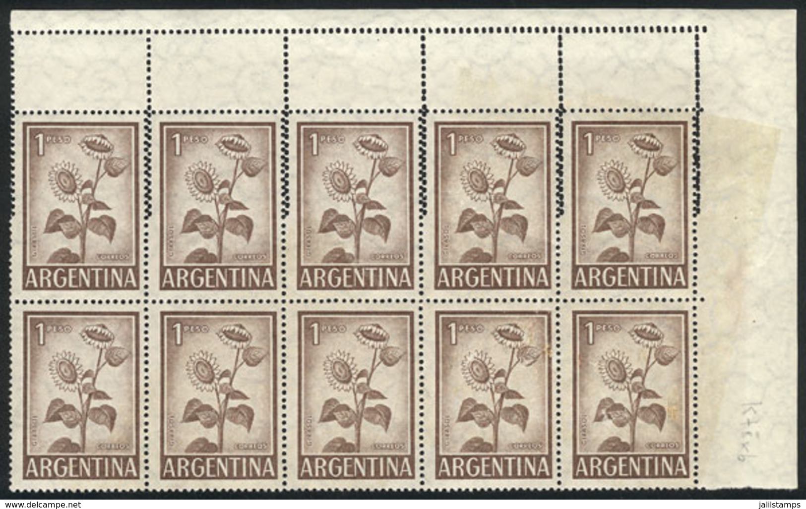 199 ARGENTINA: GJ.1128A, 1959/64 1P. Sunflower, Imported Unsurfaced Paper, Corner Block Of 10 With Variety: DOUBLE PERFO - Autres & Non Classés