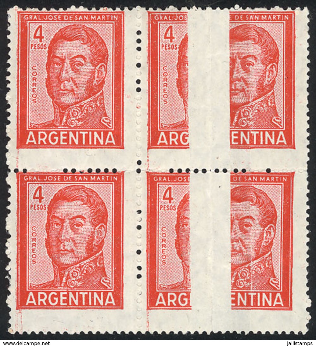 203 ARGENTINA: GJ.1139A, 4P. San Martín, Block Of 4, The Right Stamps With Fantastic Paper Fold, Spectacular, Excellent  - Andere & Zonder Classificatie