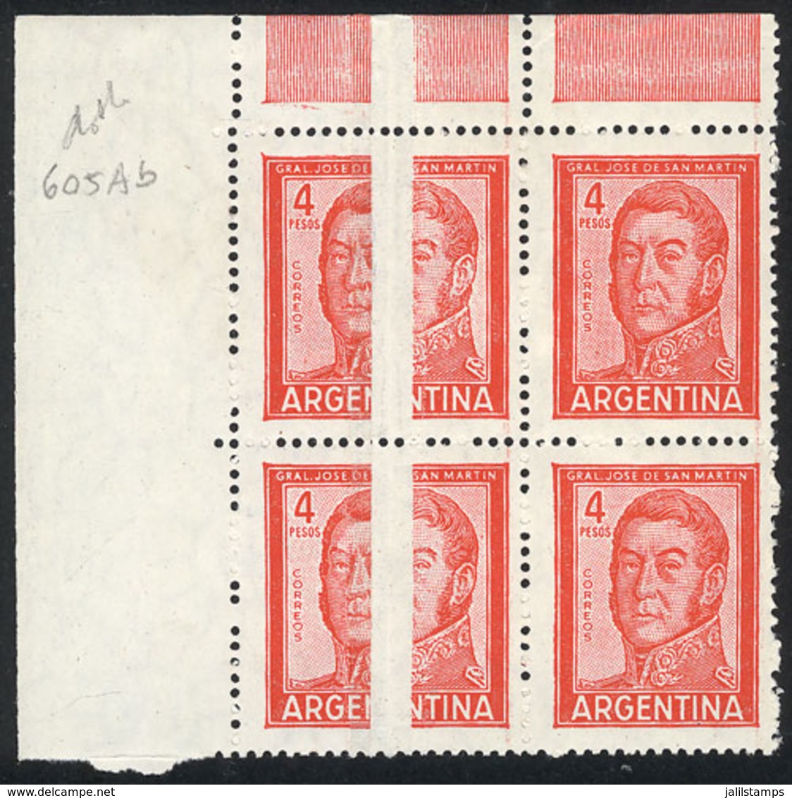 204 ARGENTINA: GJ.1139A, 4P. San Martín, Block Of 4, The Left Stamps With Fantastic Paper Fold, Spectacular, Excellent Q - Autres & Non Classés