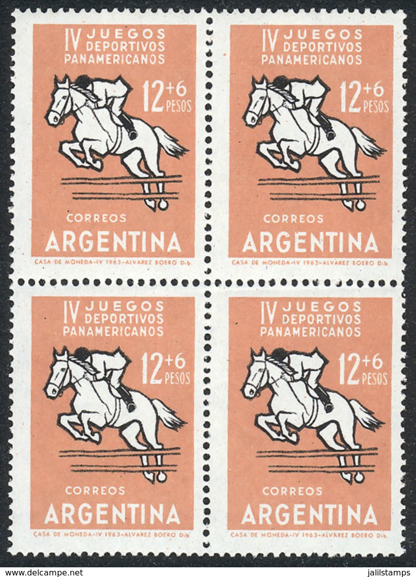 205 ARGENTINA: GJ.1259b, 1963 Panamerican Games (show Jumping), Block Of 4 With CARMINE COLOR OMITTED Variety (jacket Mi - Autres & Non Classés