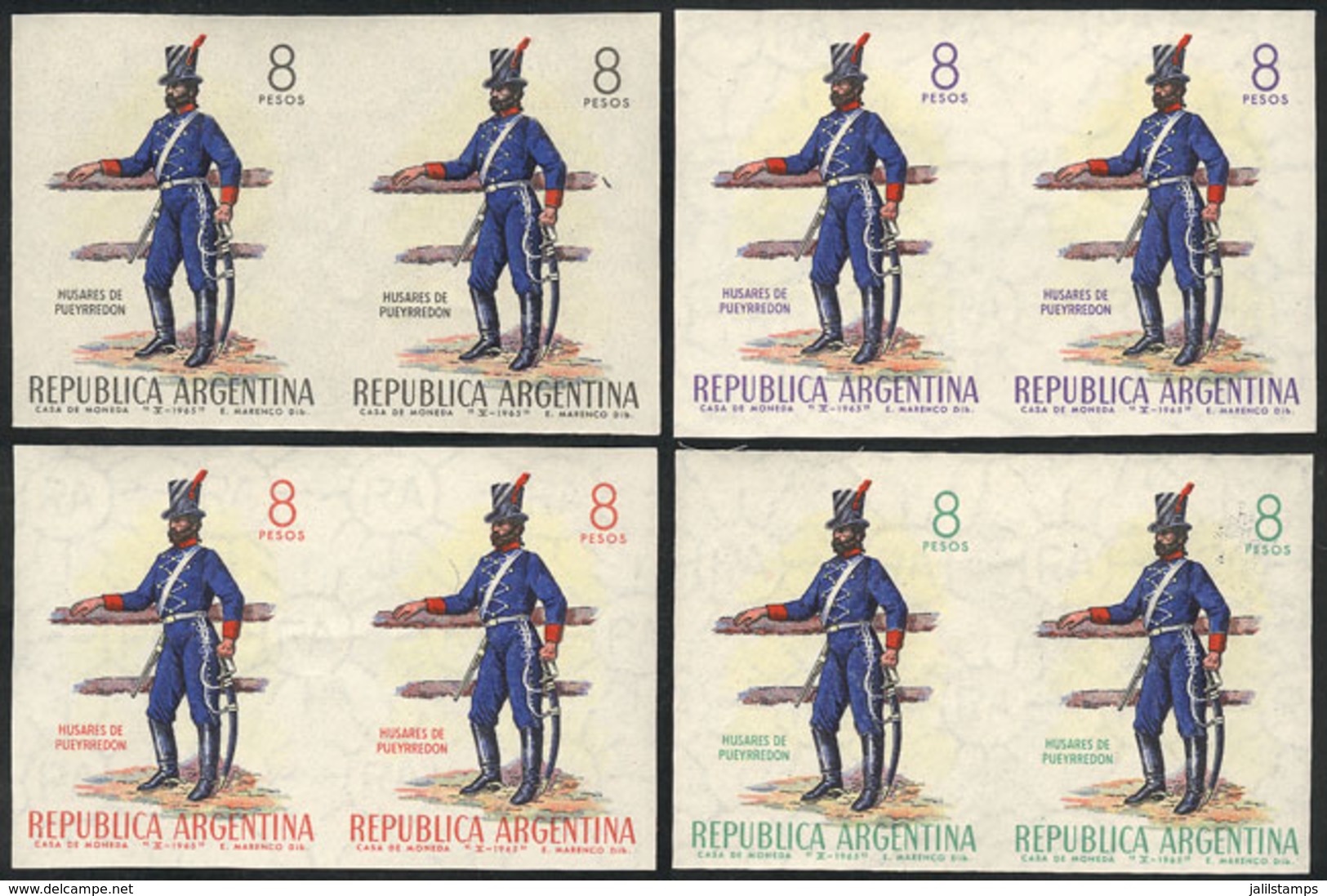 211 ARGENTINA: GJ.1325P, 1965 Army Day, IMPERFORATE PAIR. Also 3 Other Imperforate Pairs In Different Colors (proofs), E - Andere & Zonder Classificatie