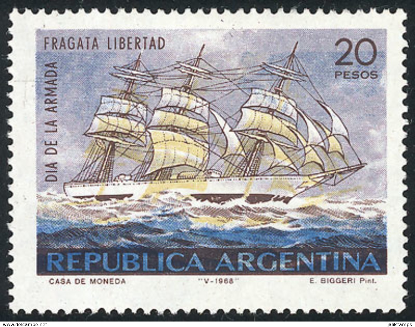 213 ARGENTINA: GJ.1445, 1968 Frigate Libertad, With VARIETY: Blue And Yellow Color With Strong Downward Shift, VF Qualit - Autres & Non Classés