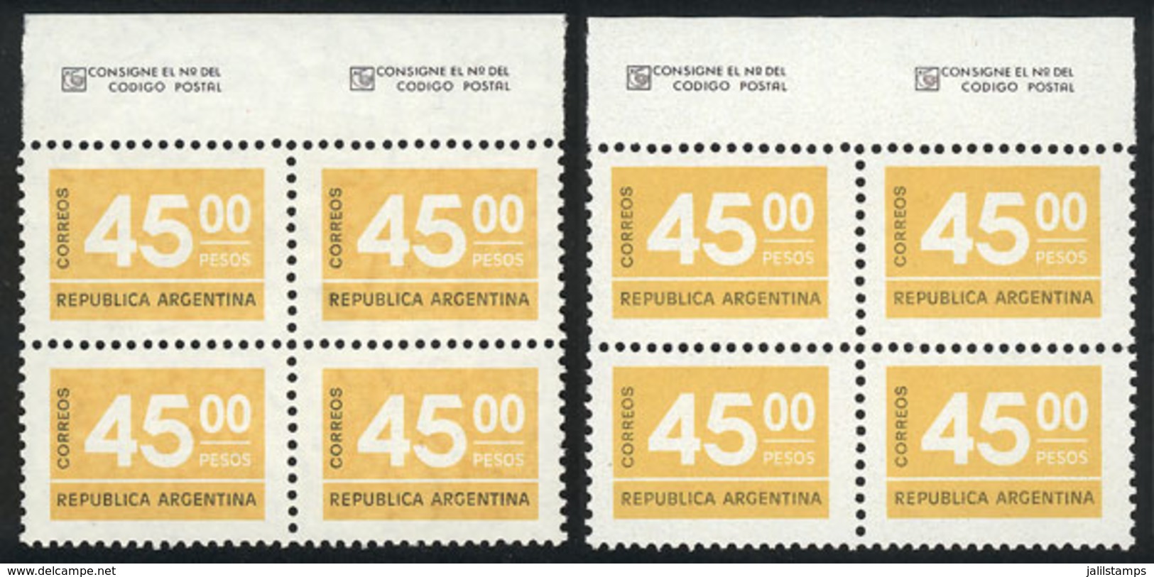 216 ARGENTINA: GJ.1730A, 1976 Figures 45P., Block Of 4 On Unsurfaced Paper With Casa De Moneda Wmk, Along An Example On  - Andere & Zonder Classificatie