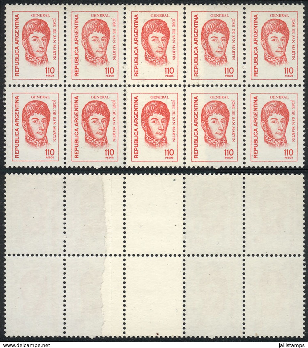 218 ARGENTINA: GJ.1758, 1977/8 110P. San Martín, Block Of 10 With Joint Paper (end-of-roll Splice) Variety, VF Quality,  - Andere & Zonder Classificatie