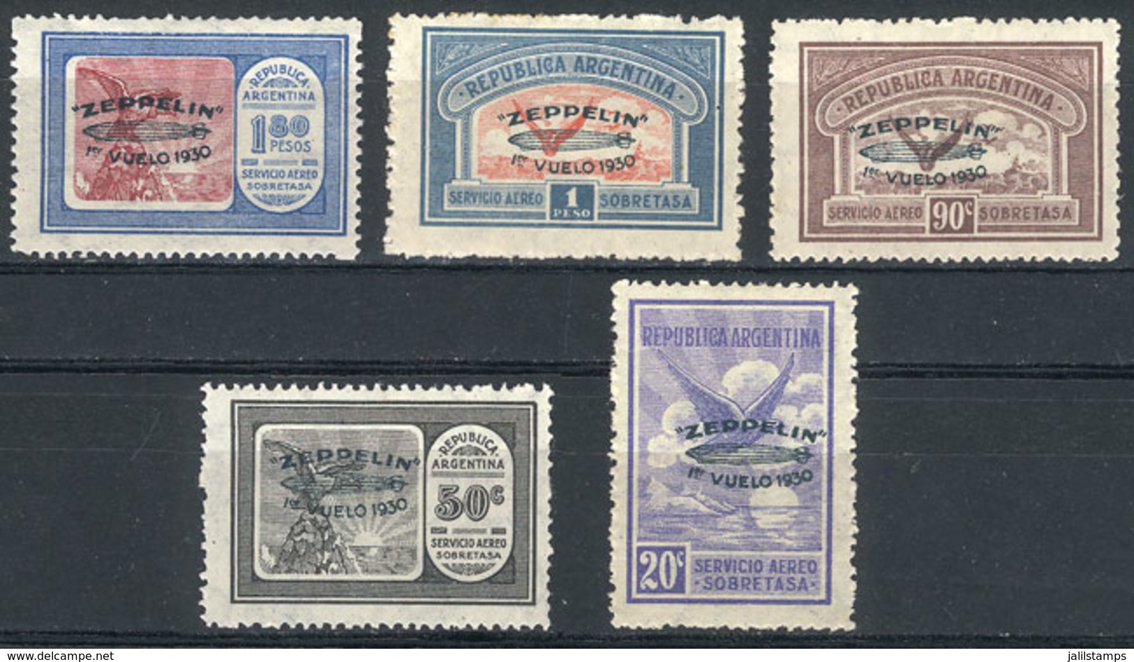 224 ARGENTINA: GJ.665/669, 1930 Zeppelin With GREEN Overprint, Complete Set Of 5 Mint Value, VF Quality, Catalog Value U - Luchtpost