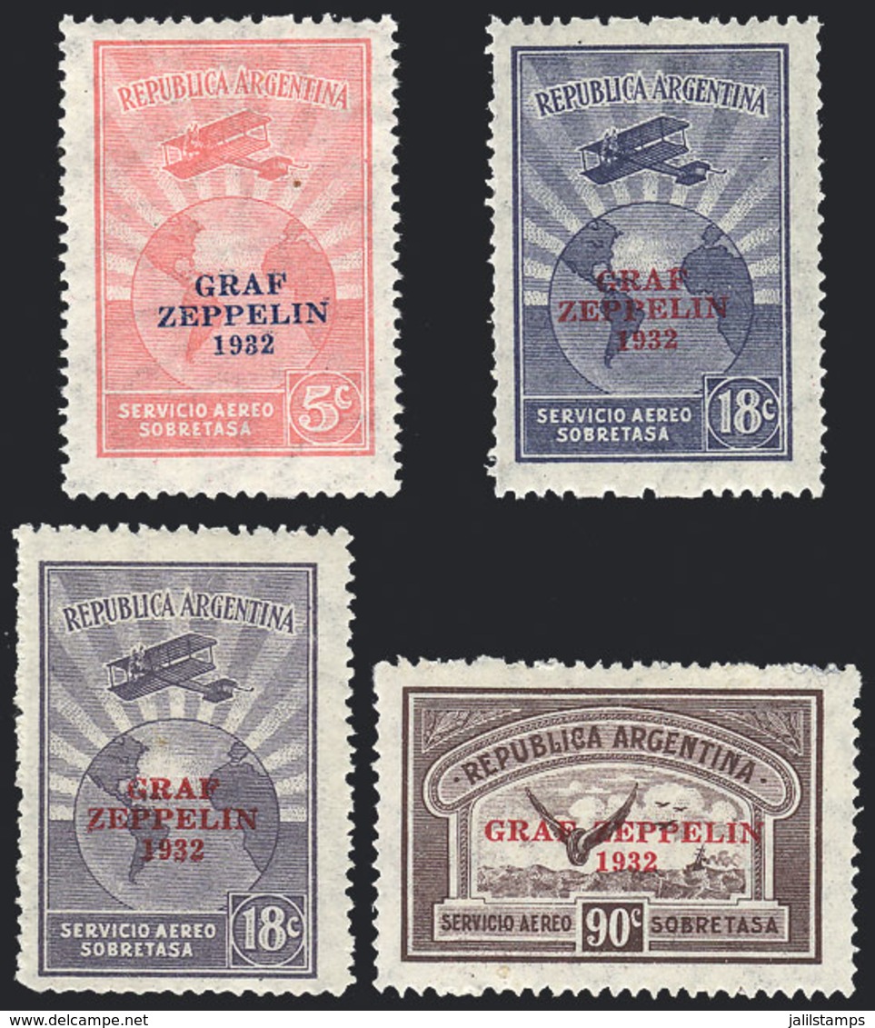 225 ARGENTINA: GJ.720/722 + 720A, 1932 Zeppelin, The Set Of 3 Values + Color Variety Of 18c. LILAC (GJ.721A), Mint Light - Poste Aérienne