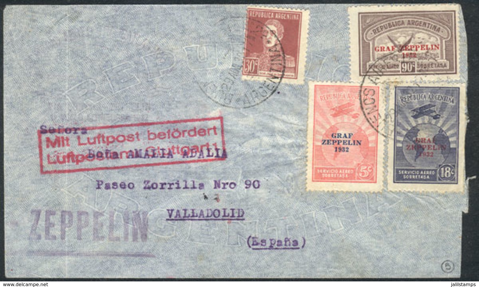 226 ARGENTINA: GJ.720/722, 1932 Zeppelin, Complete Set Of 3 Values + 30c. San Martín, On Cover Sent By ZEPPELIN To SPAIN - Luchtpost