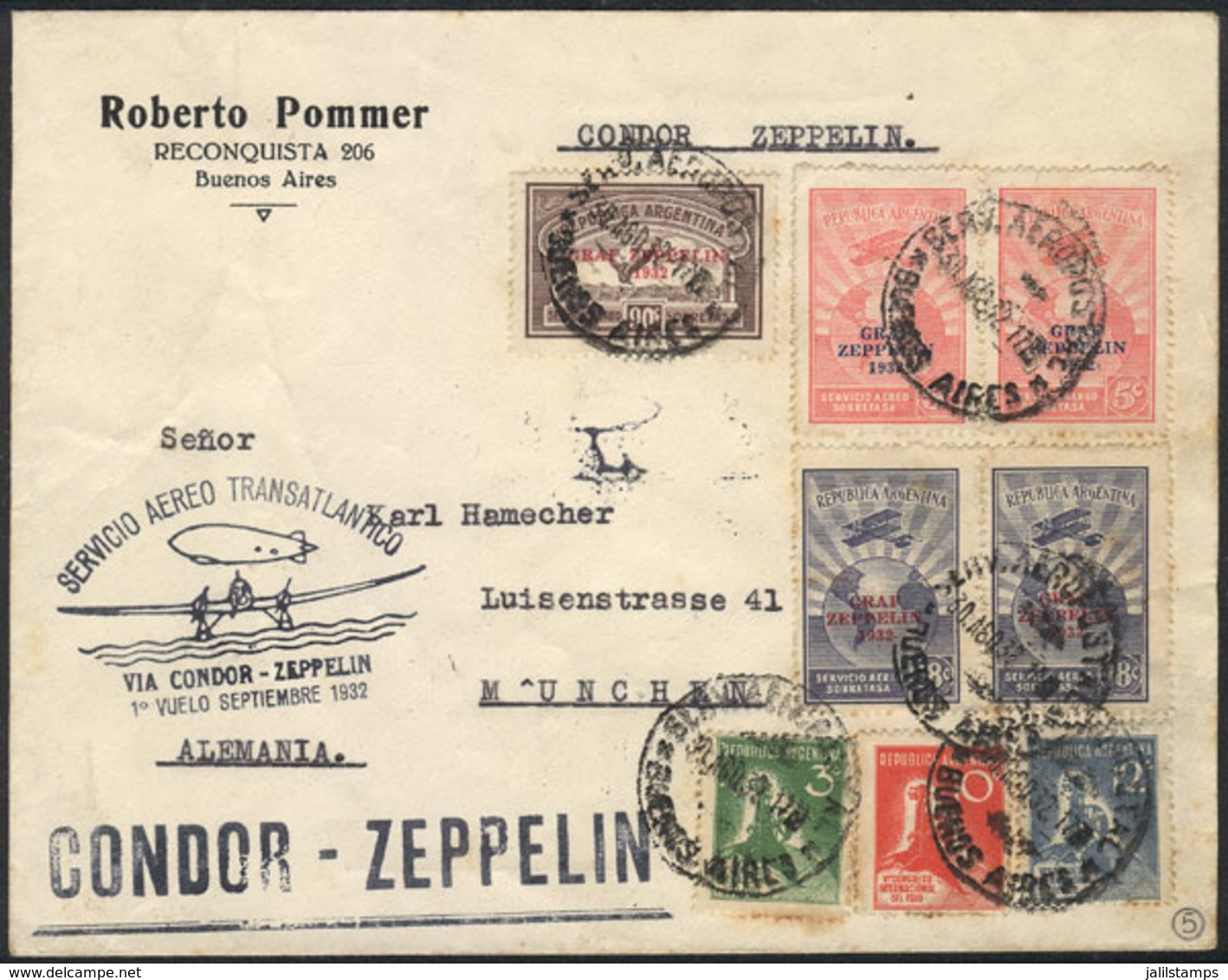 227 ARGENTINA: GJ.720/722, 1932 Zeppelin, Complete Set Of 3 Values (some In Pairs) + Set Of Congress Of Cold Techniques, - Luchtpost