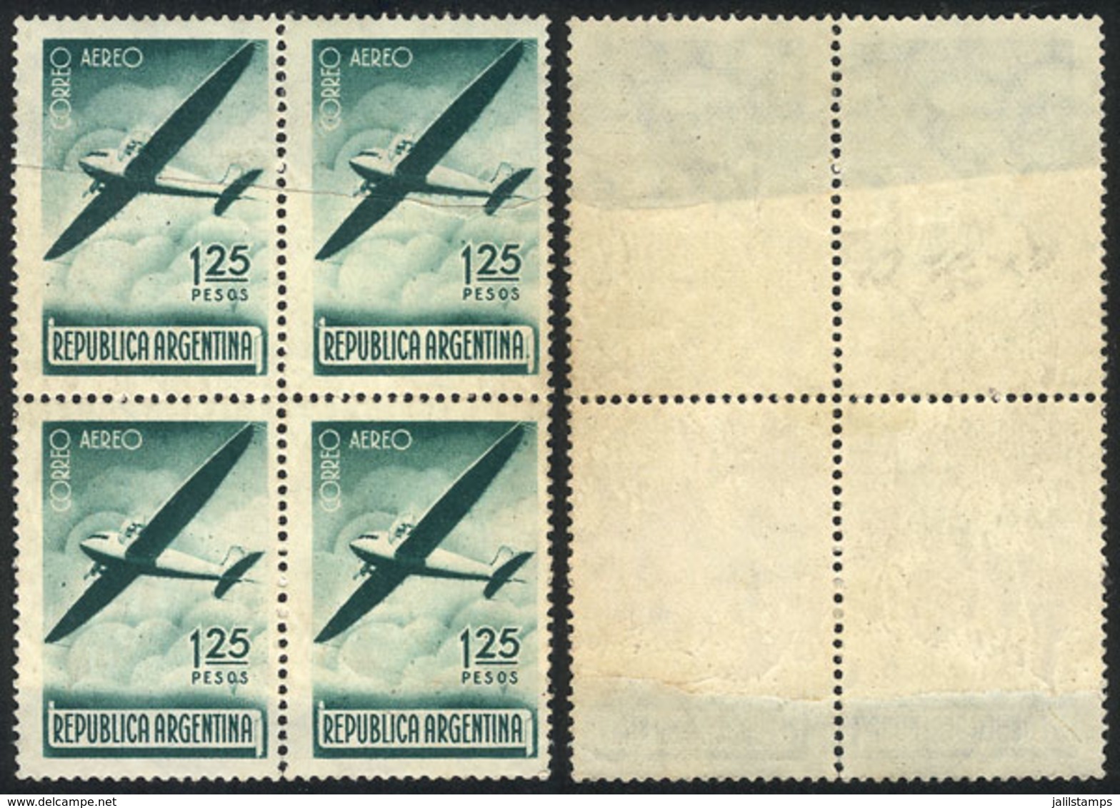 229 ARGENTINA: GJ.848, 1940 1.25P. Airplane, Block Of 4 Printed On END-OF-ROLL JOINED PAPER, Excellent Quality, Very Rar - Luchtpost