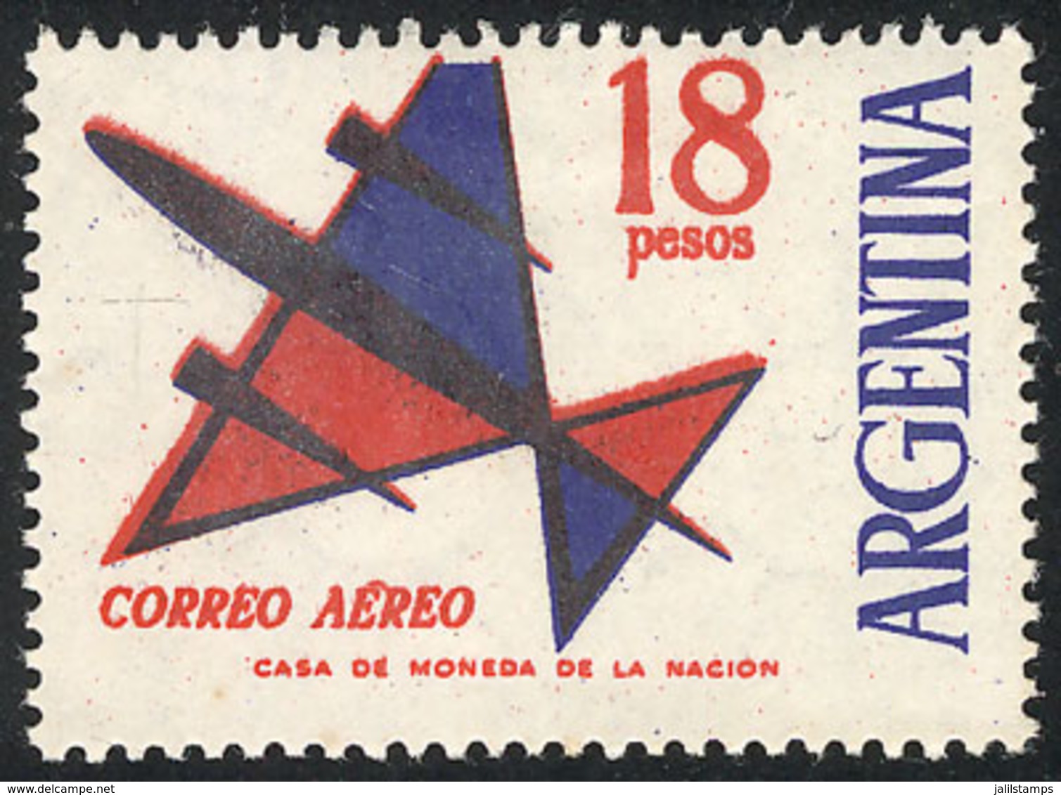 230 ARGENTINA: "GJ.1255, 1963 Stylized Airplane 18P. With DOUBLE IMPRESSION Of Red Color And ""AÉREO"" (with Accent!), V - Airmail