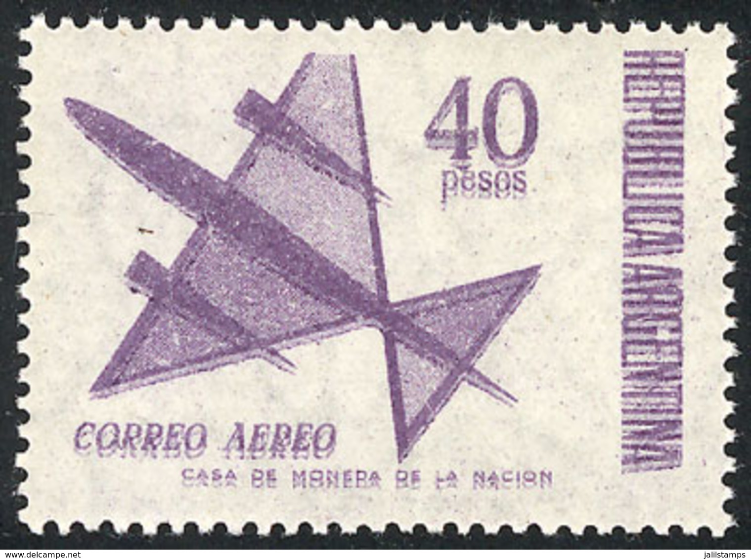 233 ARGENTINA: GJ.1429a, Stylized Airplane 40P. With Very Notable COMPLETE DOUBLE IMPRESSION Variety, Excellent Quality! - Poste Aérienne