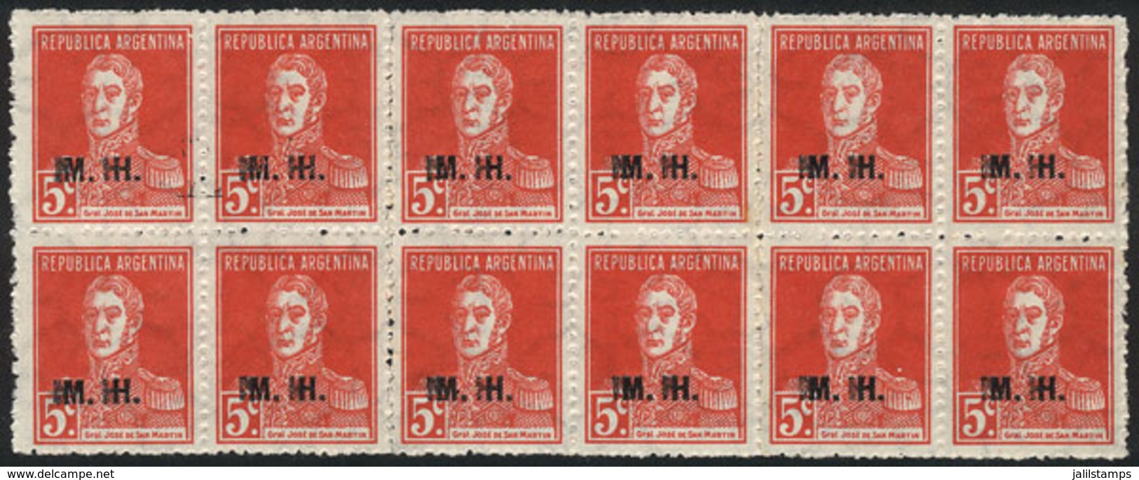 256 ARGENTINA: GJ.252a, Fantastic Block Of 12 With DOUBLE OVERPRINT, MNH, Superb, Signed By Victor Kneitschel On Back. - Service