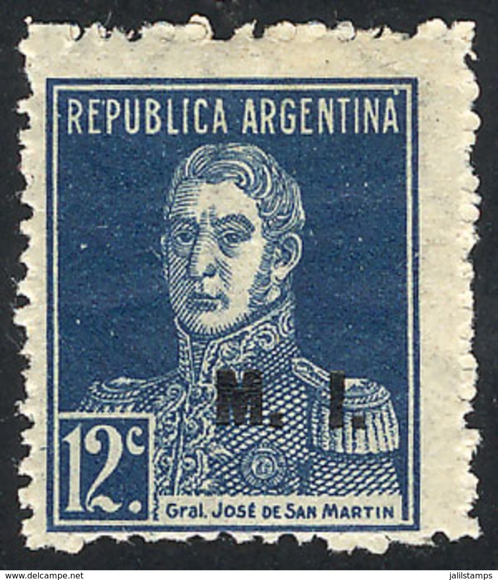 260 ARGENTINA: GJ.315, 12c. San Martín With Period, Perf 13½, M.I. Overprint, MNH, Extremely Rare, Signed By Victor Knei - Service