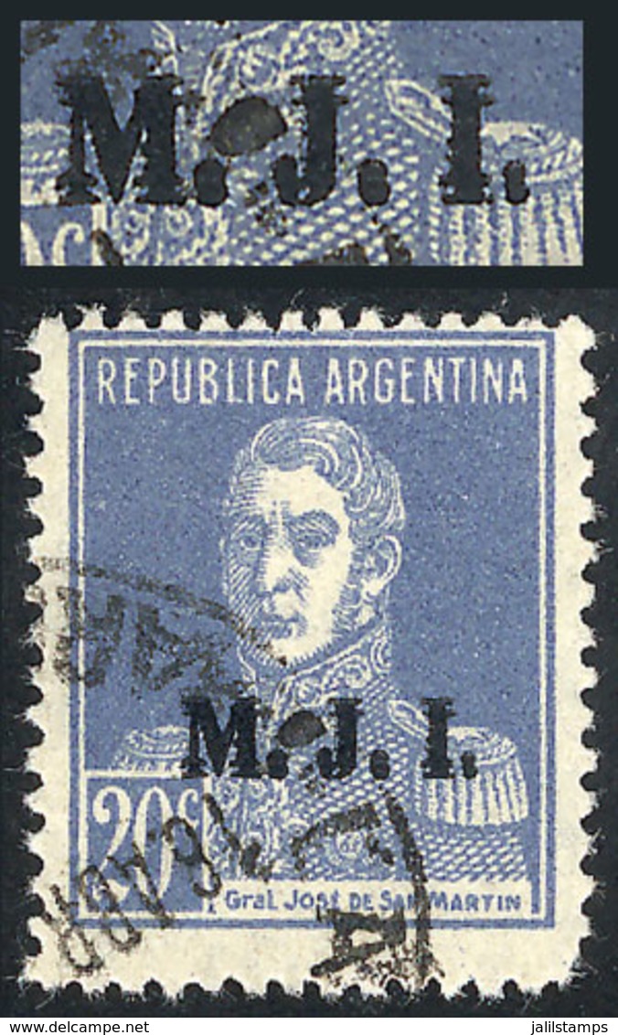 263 ARGENTINA: GJ.415b, 20c. San Martín Without Period, DOUBLE OVERPRINT, Used, VF Quality, Very Rare! - Officials