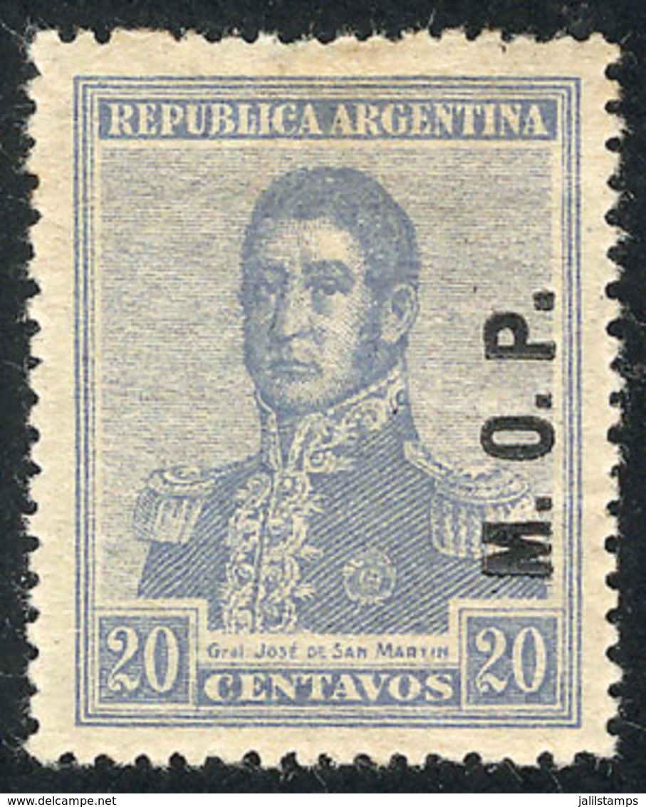 273 ARGENTINA: GJ.527, 1918 20c. San Martín Unwatermarked, M.O.P. Overprint, Mint, With A Small Thin In The Hinge Area,  - Dienstzegels