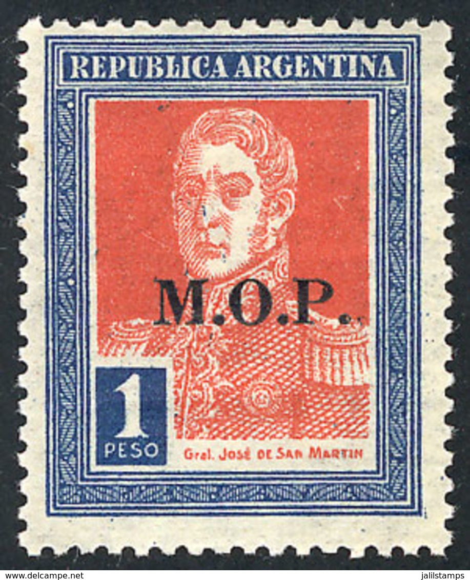277 ARGENTINA: GJ.555, 1925 1P. San Martín With M.O.P. Overprint In Serif Font, Mint Lightly Hinged, VF Quality, Rare! - Dienstzegels