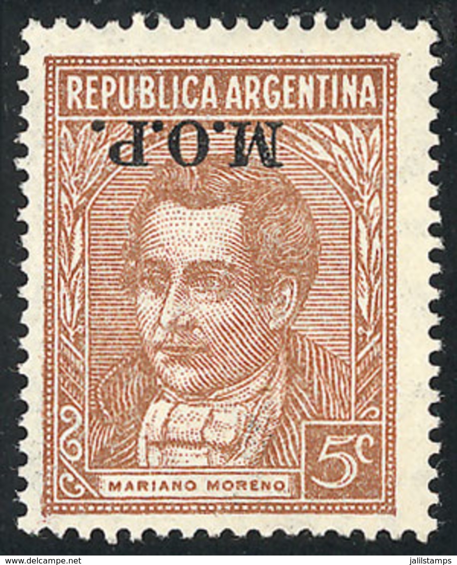 278 ARGENTINA: GJ.570, 1935/7 5c. Moreno Typographed With INVERTED M.O.P. Overprint, One Of The 4 Known Examples, Excell - Officials