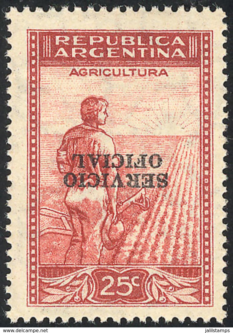 280 ARGENTINA: GJ.640b, 25c. Plowman, With INVERTED OVERPRINT Variety, MNH (+50%), Rare! - Officials