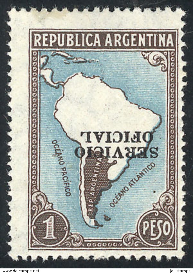 282 ARGENTINA: GJ.648a, 1P. Map Without Borders, Printed On Imported Unsurfaced Paper, With Variety: INVERTED OVERPRINT, - Officials