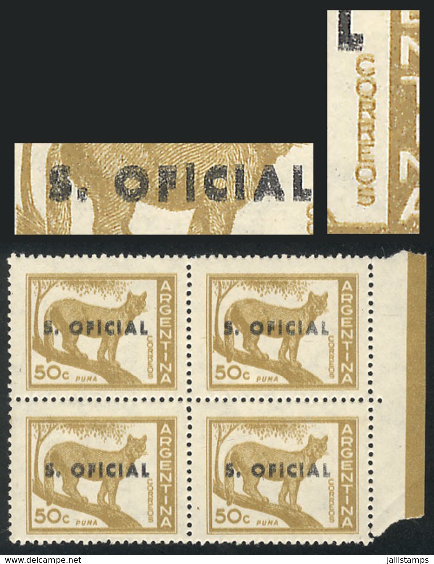 289 ARGENTINA: GJ.729, Puma 50c., Block Of 4 With Variety: DOUBLE OVERPRINT (fairly Overlapping), And DOUBLE IMPRESSION  - Officials