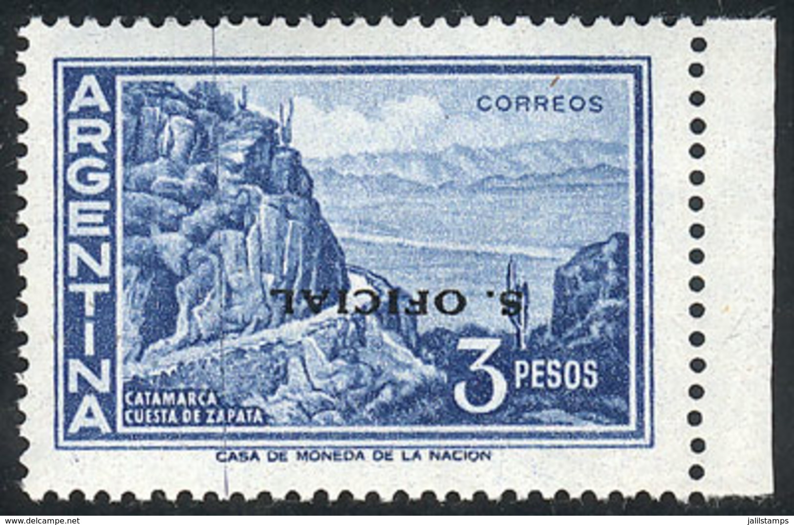 291 ARGENTINA: GJ.745a, 3P. Zapata Slope, With INVERTED OVERPRINT Variety, Excellent Quality, Rare! - Service