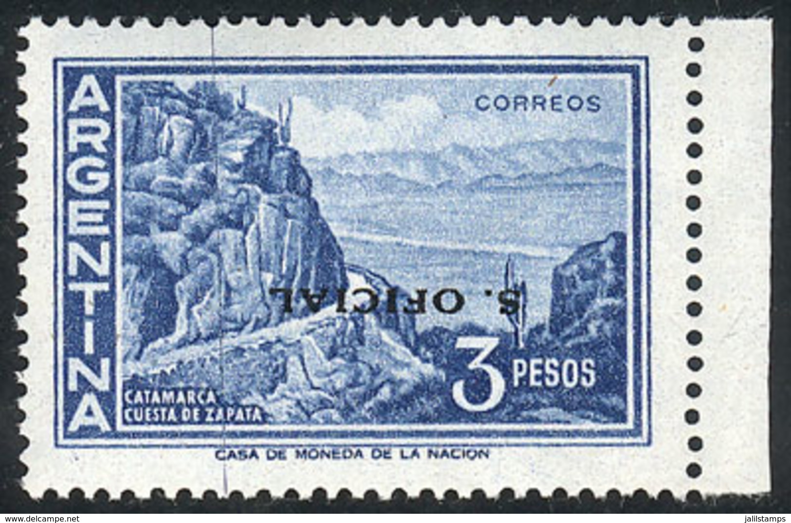 291 ARGENTINA: GJ.745a, 3P. Zapata Slope, With INVERTED OVERPRINT Variety, Excellent Quality, Rare! - Dienstzegels