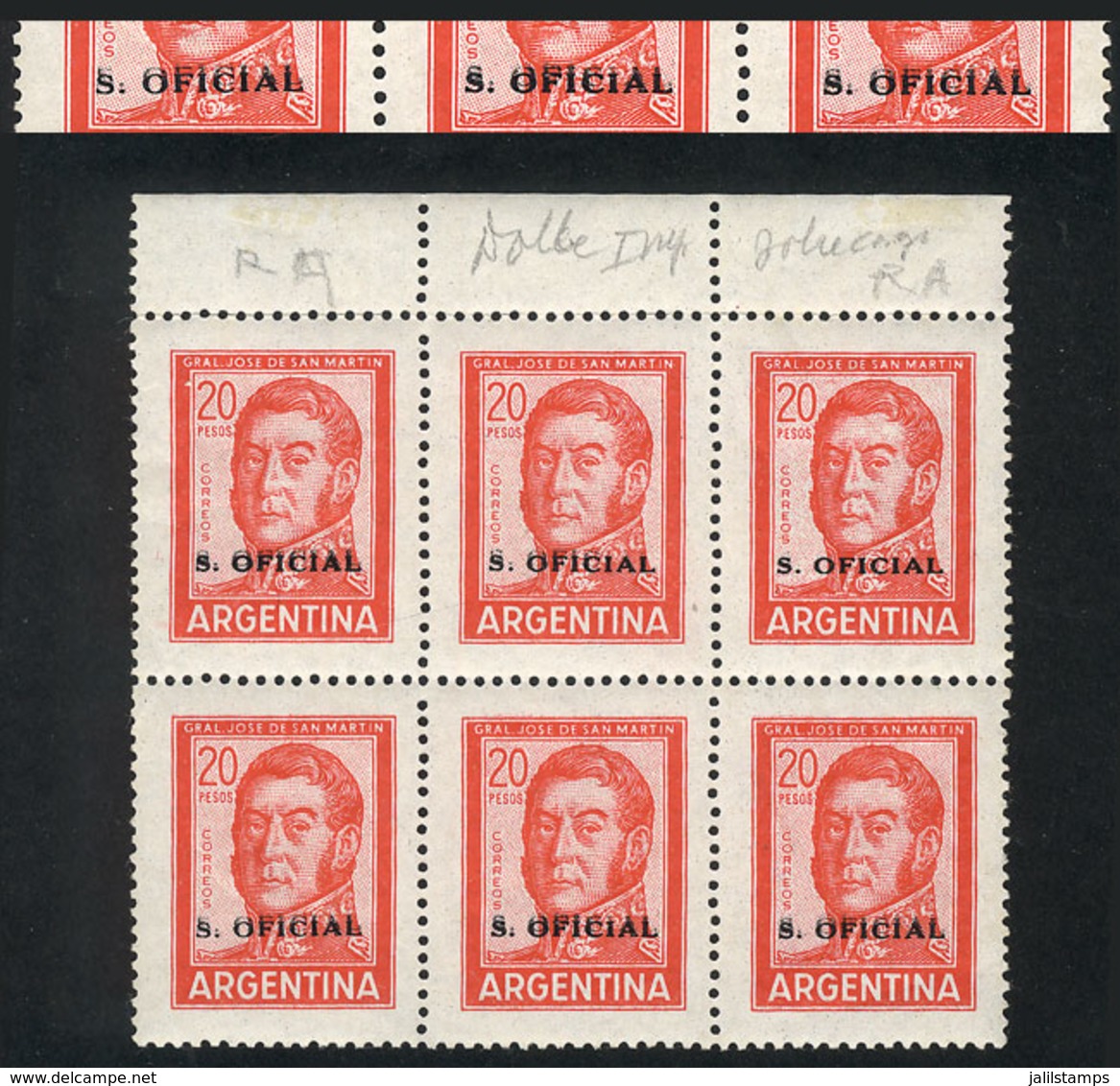 294 ARGENTINA: GJ.755, 20P. San Martín With Sun Watermark, Block Of 6, 5 Examples With Unlisted DOUBLE OVERPRINT Variety - Officials