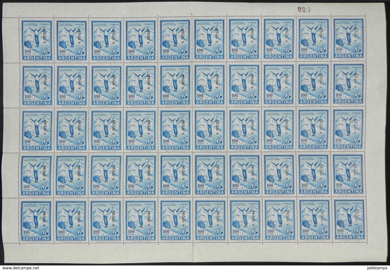 296 ARGENTINA: GJ.774, 100P. Ski, On Imported Unsurfaced Paper, Complete Sheet Of 50 Stamps, MNH, Excellent And Very Rar - Service