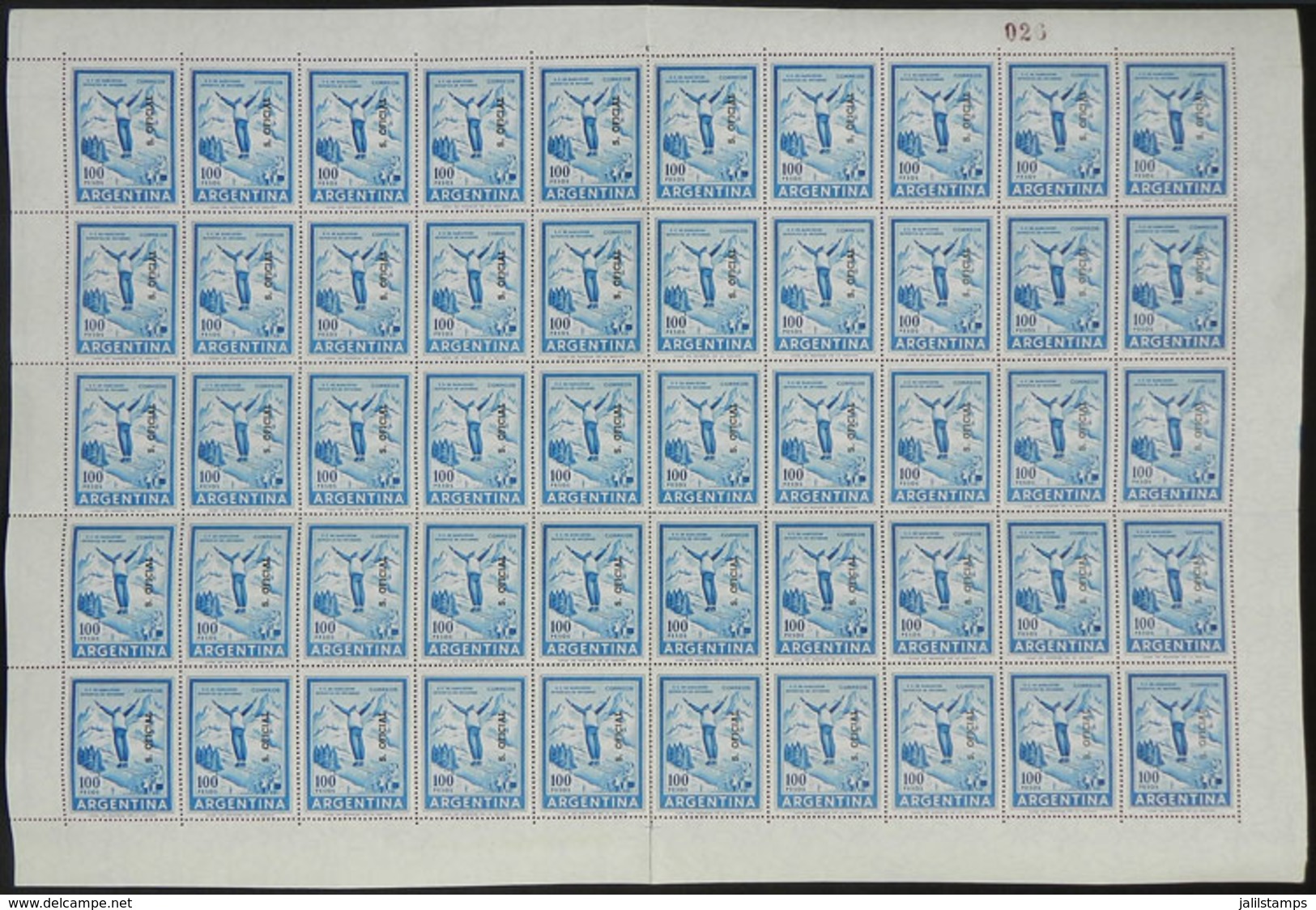 296 ARGENTINA: GJ.774, 100P. Ski, On Imported Unsurfaced Paper, Complete Sheet Of 50 Stamps, MNH, Excellent And Very Rar - Dienstzegels