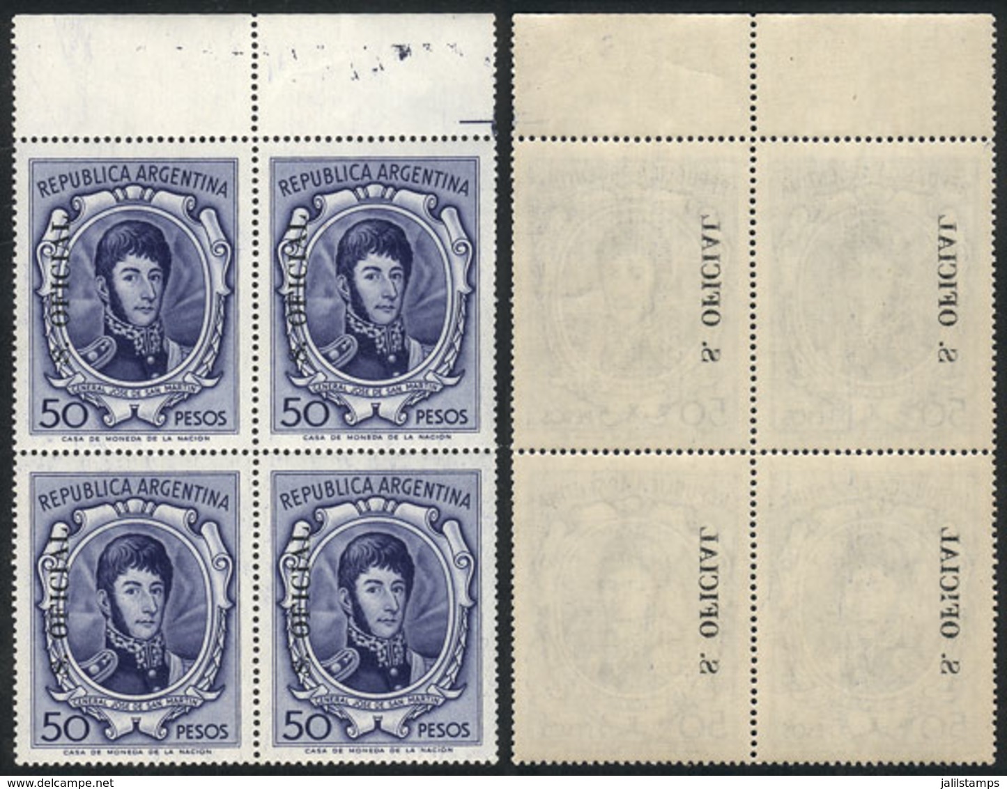 297 ARGENTINA: GJ.776, 50P. San Martín, Block Of 4 With Variety: OFFSET IMPRESSION OF THE OVERPRINT On Back, Excellent Q - Service