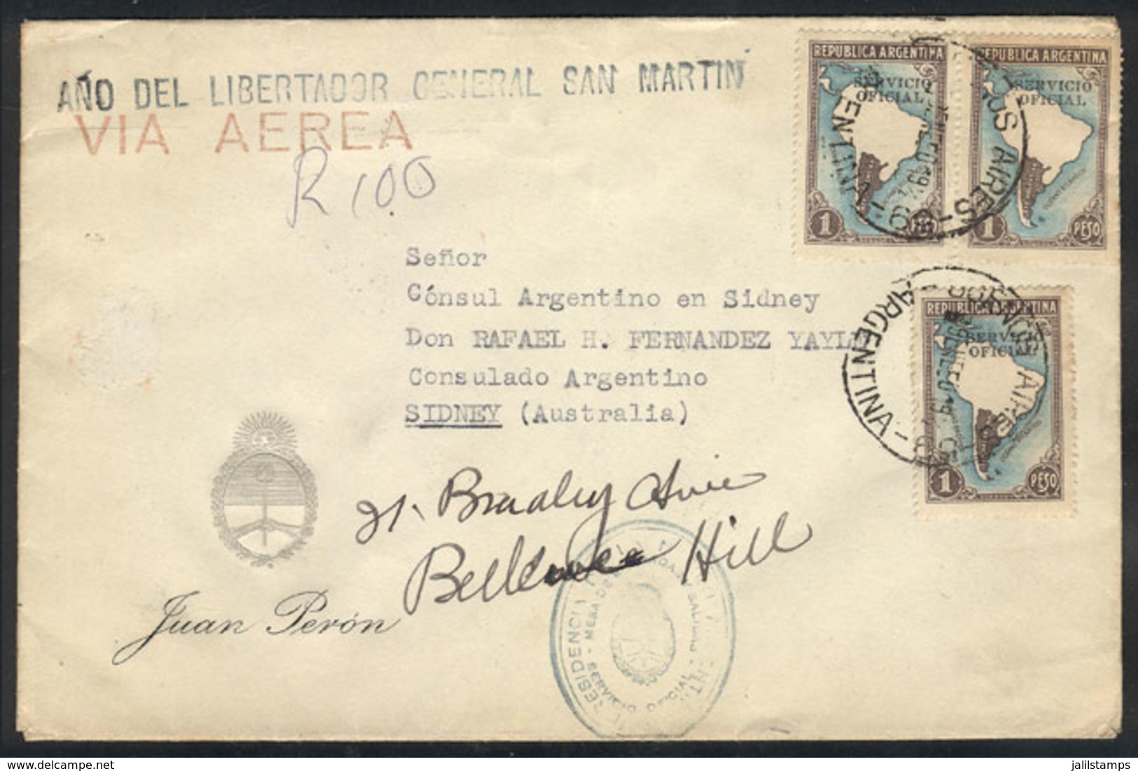 304 ARGENTINA: Cover With Cachet Of President JUAN PERÓN, Sent To Australia On 9/JA/1950 With Official Postage Of 3P., W - Officials