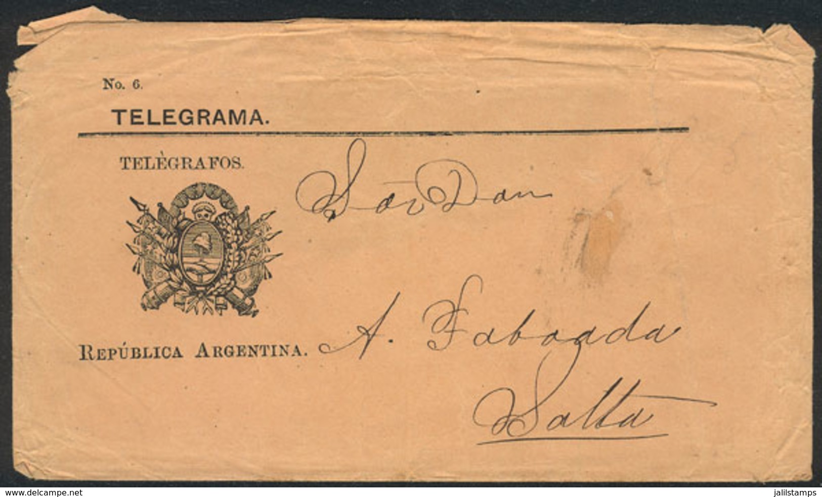 306 ARGENTINA: Circa 1887, Envelope For Telegrams (N°6), Missing The Back Flap, Very Good Front, Very Rare! - Télégraphes