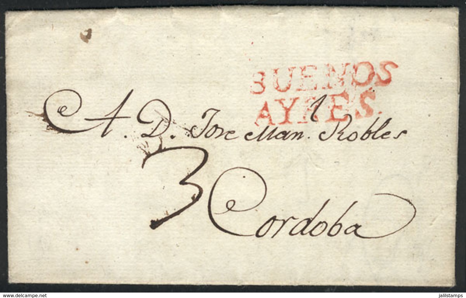 316 ARGENTINA: "Entire Letter Dated 26/AP/1818, Sent To Córdoba, With Red BUENOS AYRES And Manuscript ""3"" Rating, Very - Autres & Non Classés